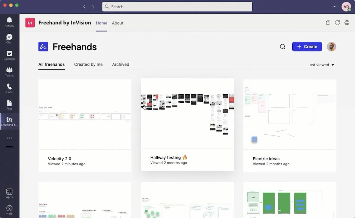 Integraciones de Teams: la página de inicio de Freehand dentro de Teams