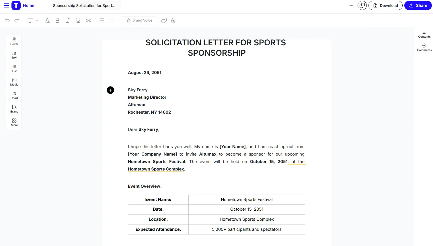 Vorlage für ein Werbeschreiben für Sportsponsoring von Template.net