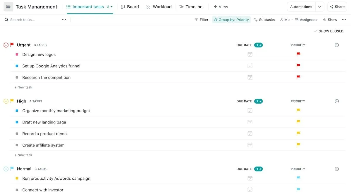 Exemple de modèle de gestion des tâches ClickUp
