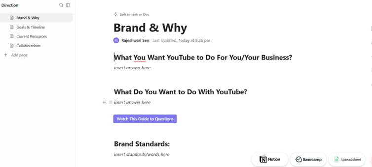 ClickUp YouTube-tervezési és -gyártási sablonja