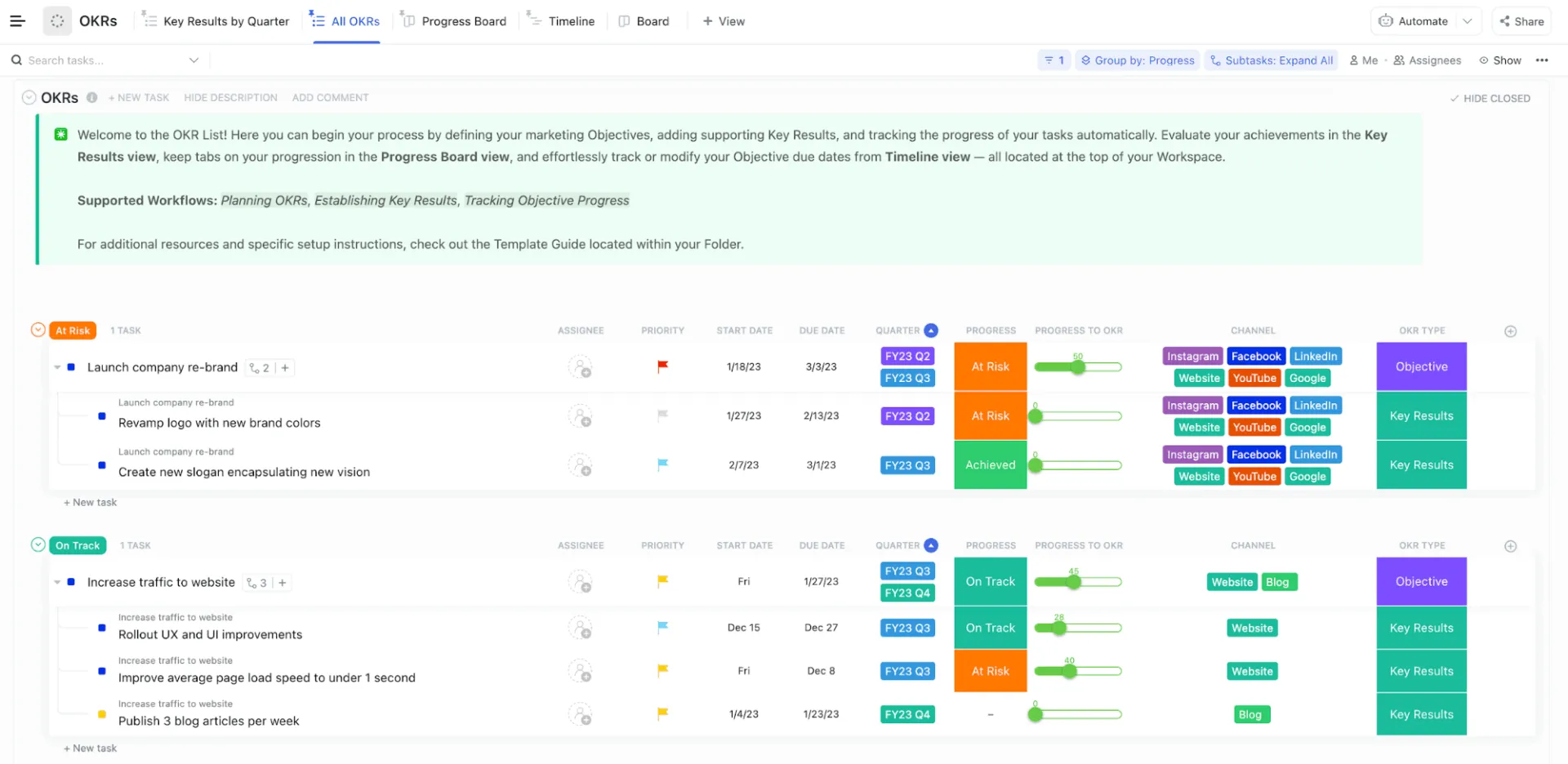 Modèle de plan marketing stratégique ClickUp : cadre guidé conçu pour fournir de l’assistance aux efforts de marketing traditionnels et faire progresser votre entreprise.