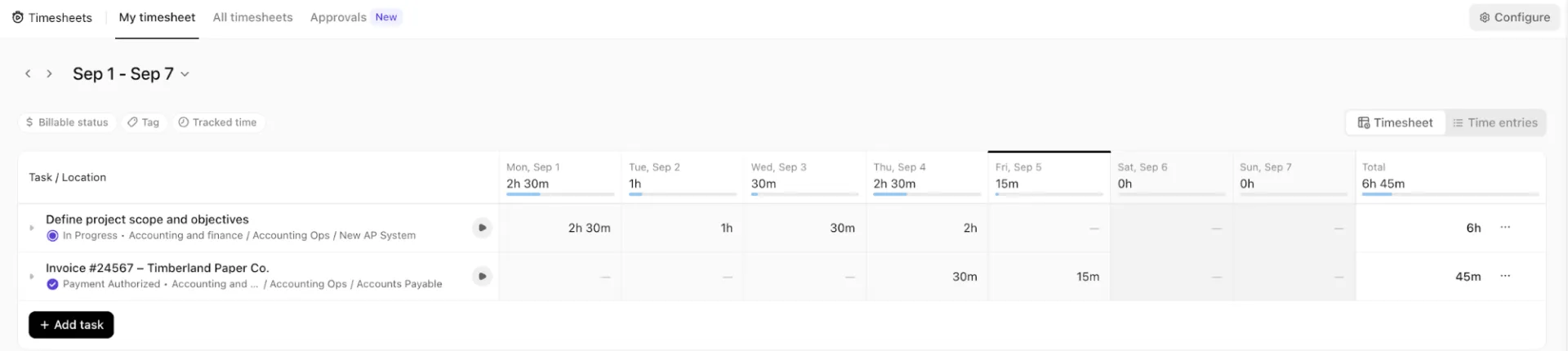 Controle de tempo do ClickUp: acesse todas as suas planilhas de horas e relatórios no ClickUp Timesheets Hub.