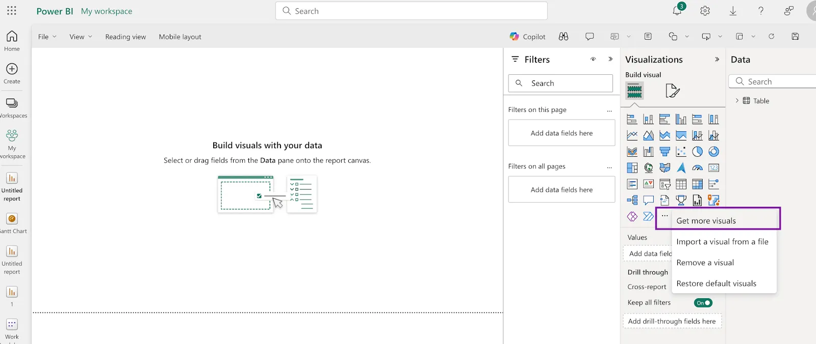 Opção “Obter mais recursos visuais” no Power BI