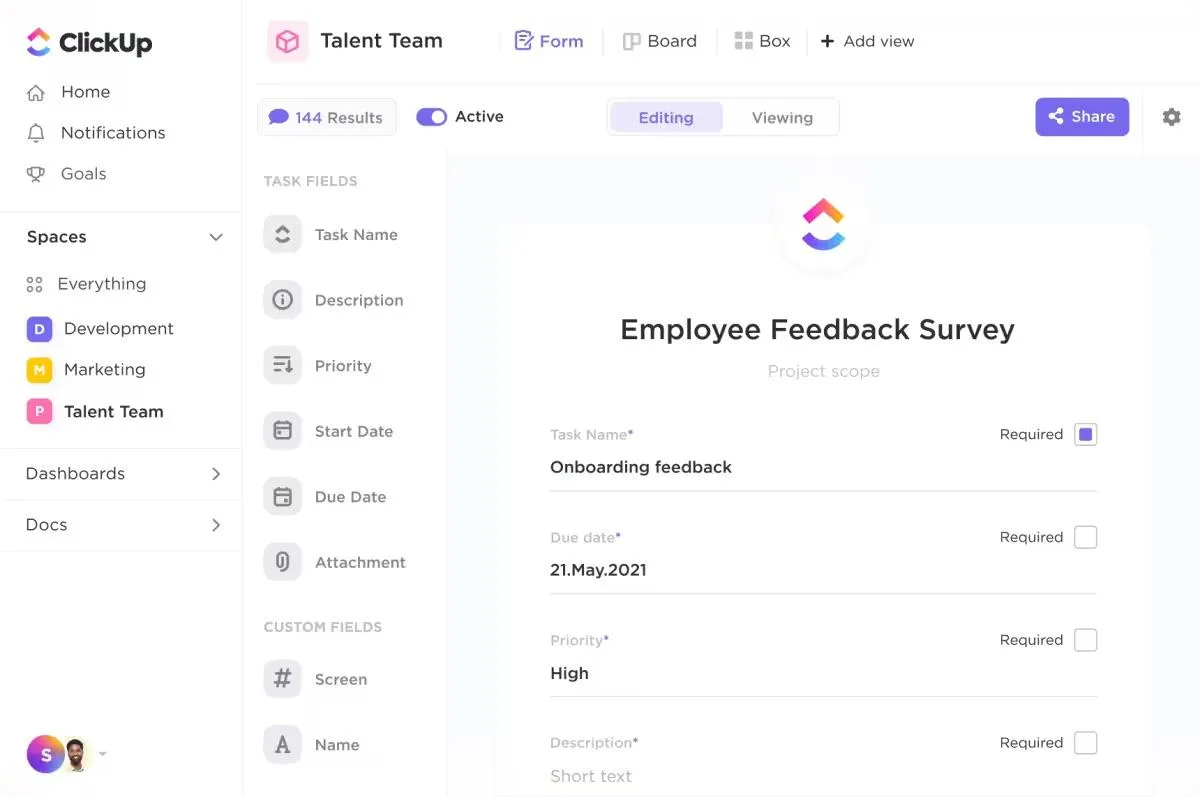 Çalışma alanınızı iyileştirmek için geri bildirim toplamak üzere ClickUp Formları