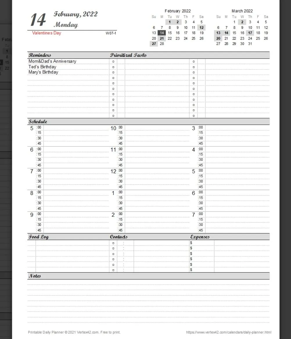 Modelo de planejador diário do Excel da Vertex42