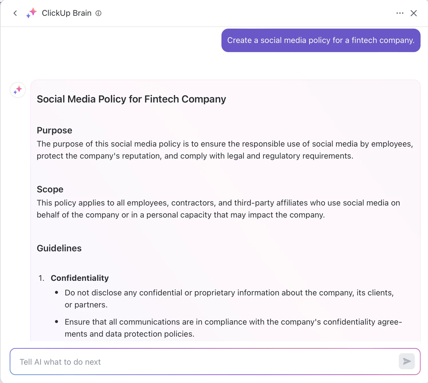 Utilisez ClickUp Brain pour réaliser l'automatisation de la création de contenu et trouver des idées pour votre politique en matière de réseaux sociaux.