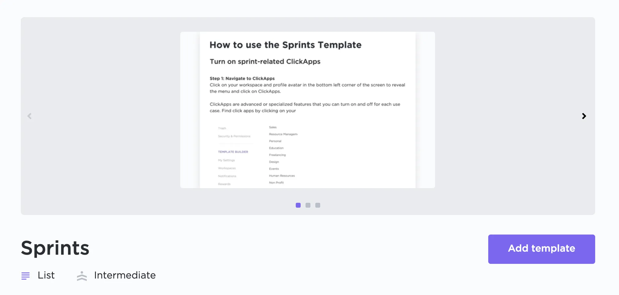 Modèle Sprint de ClickUp pour vous aider avec les sprints, les épopées et les récits d'utilisateurs