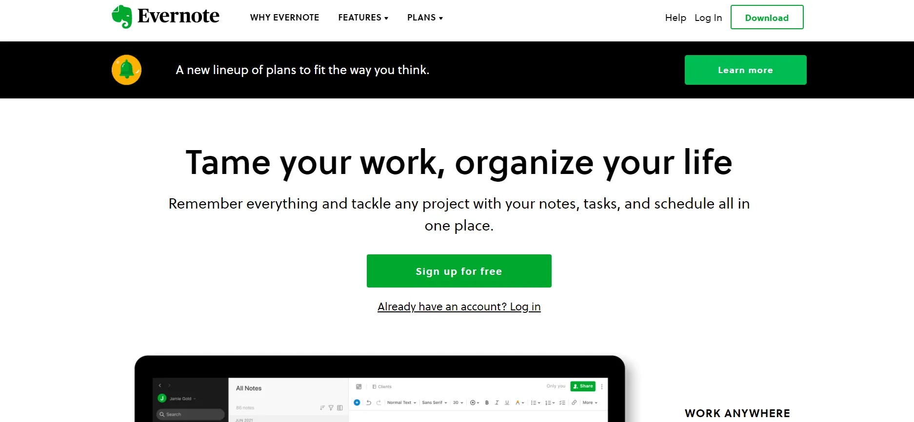 Página de inicio de Evernote