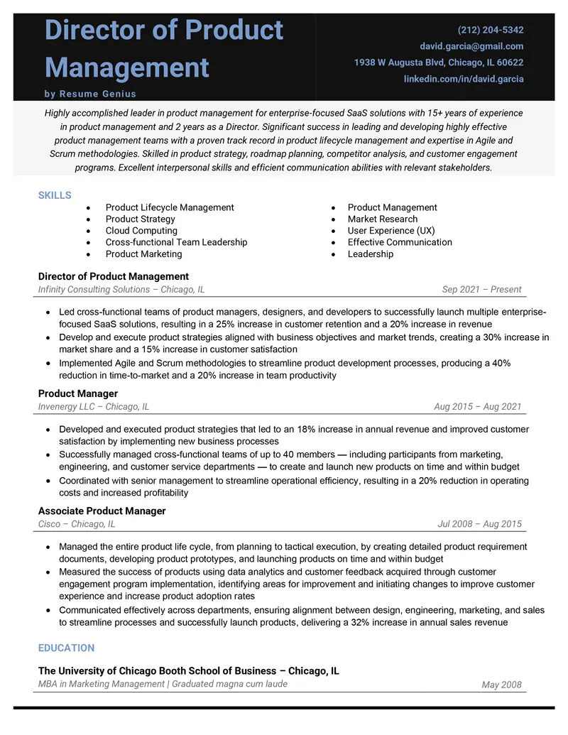 Modèle de CV pour directeur de la gestion de produits