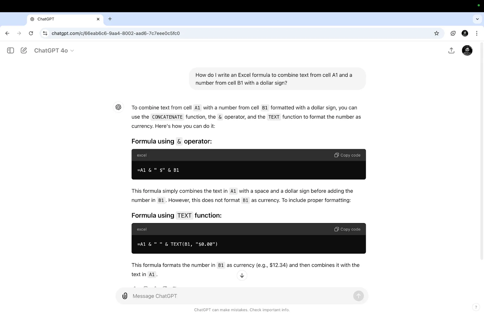 ChatGPT generando una fórmula para combinar texto y números con un formato específico.