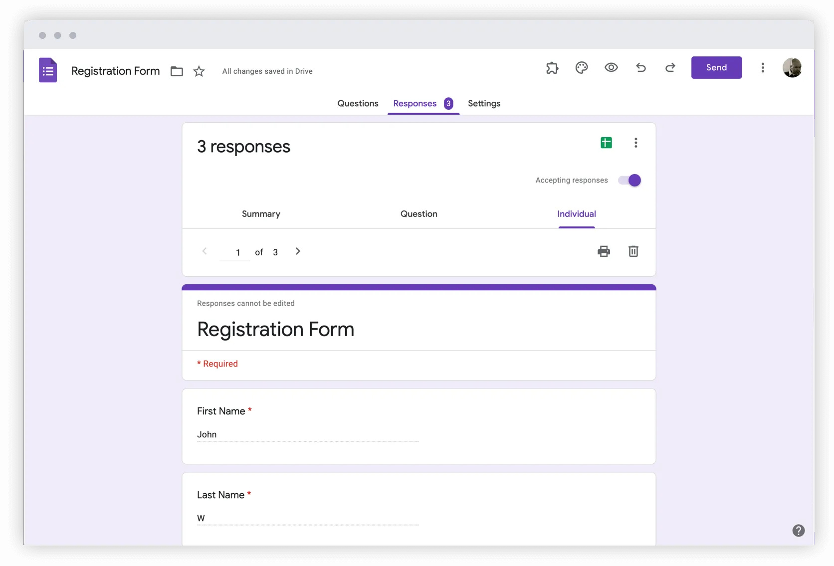 Painel do Google Forms