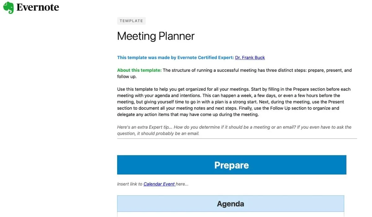 Evernote-Vorlagen: Evernote-Vorlage für die Planung von Meetings