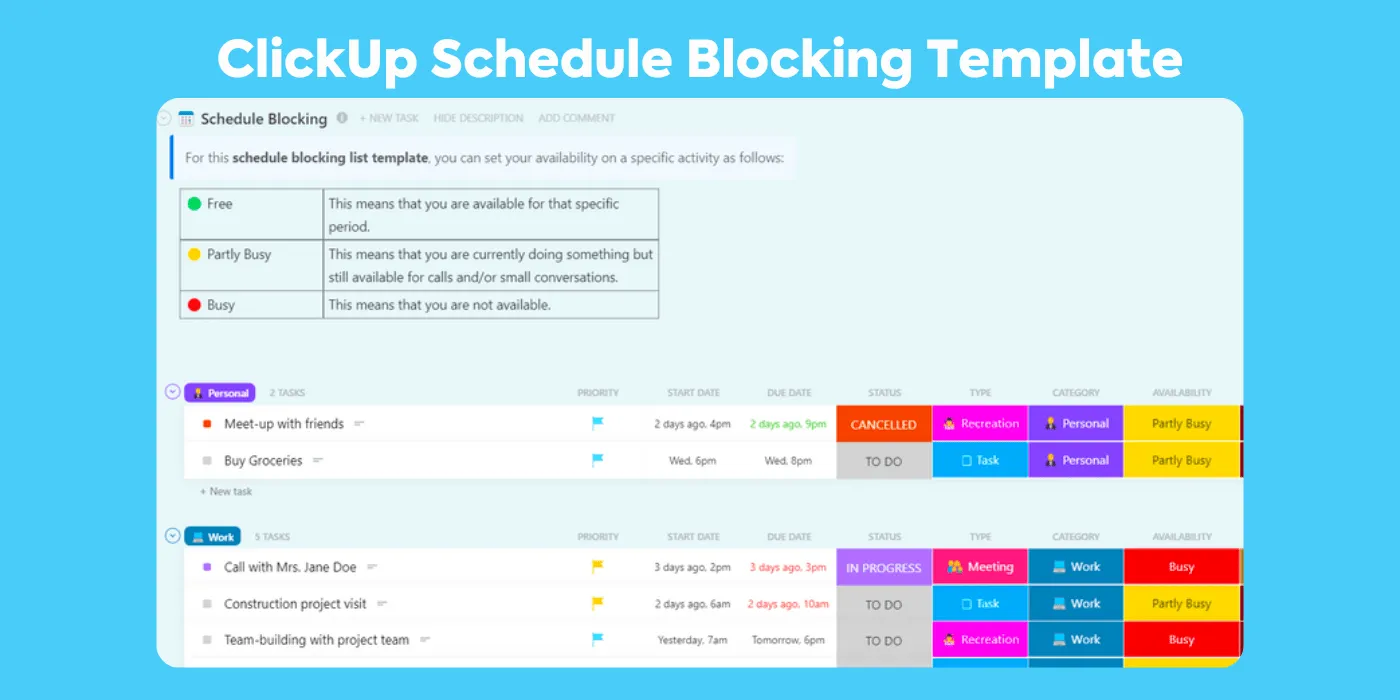 Pantau waktu dan jadwal Anda dengan mudah menggunakan Template Penjadwalan Blok dari ClickUp