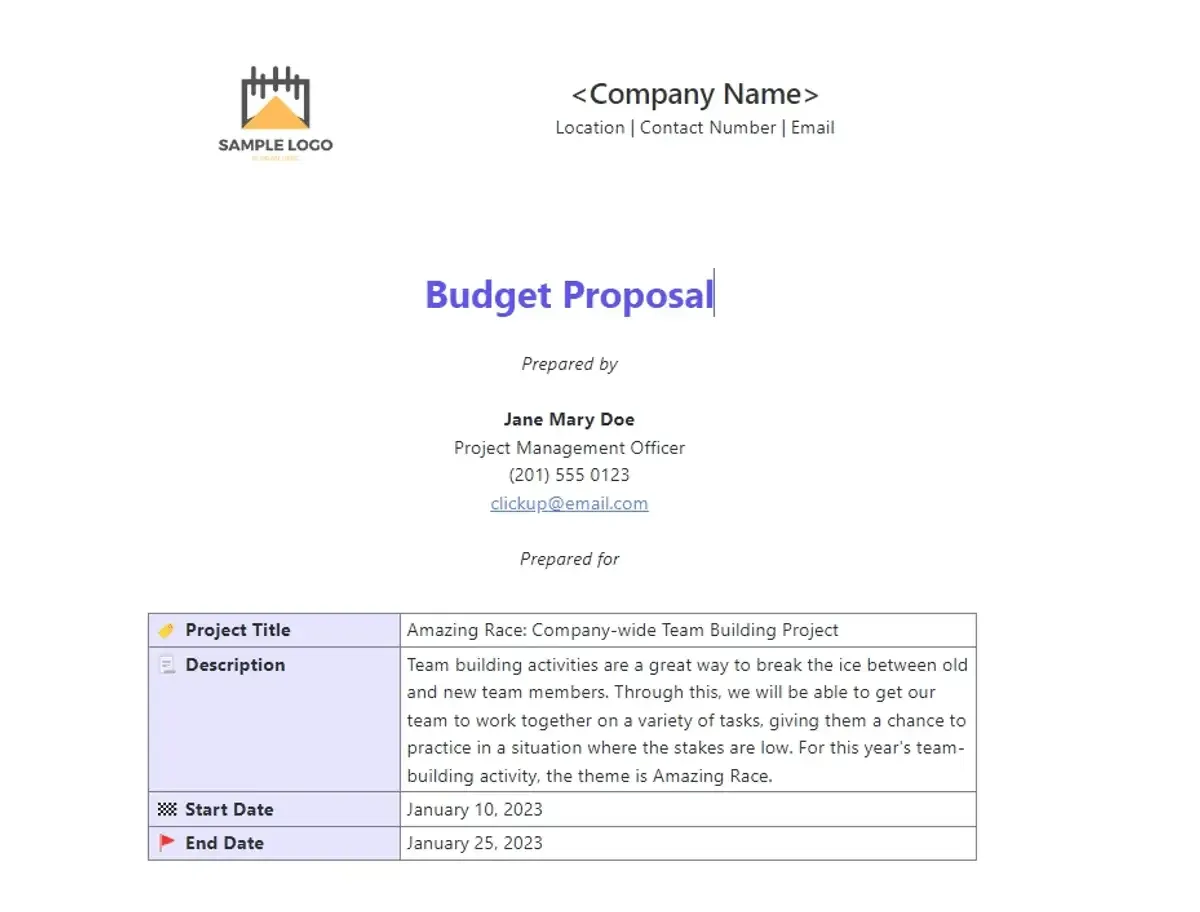 Modelo de proposta orçamentária do ClickUp