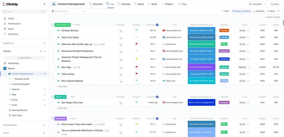 Organize e gerencie todo o seu conteúdo em um só lugar com o modelo de gerenciamento de conteúdo do ClickUp.
