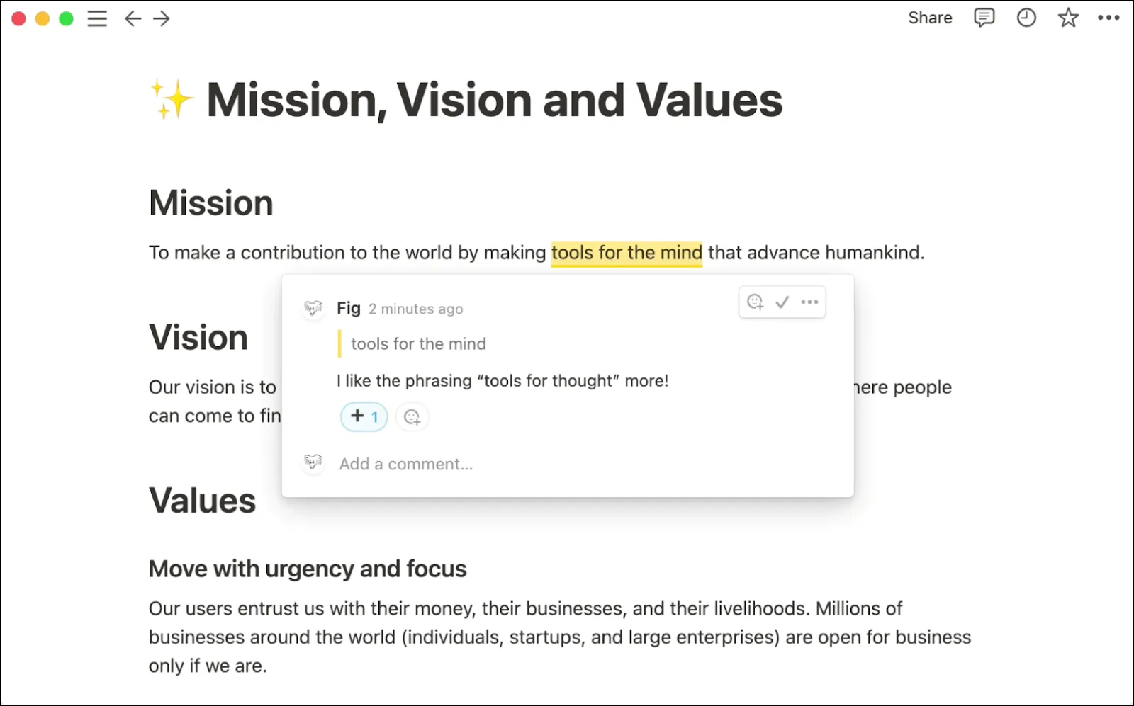 Beispiel für die Zusammenarbeit mit Notion, das einen Benutzer zeigt, der in Echtzeit auf einer Seite mit der Mission, Vision und den Werten des Unternehmens zusammenarbeitet.
