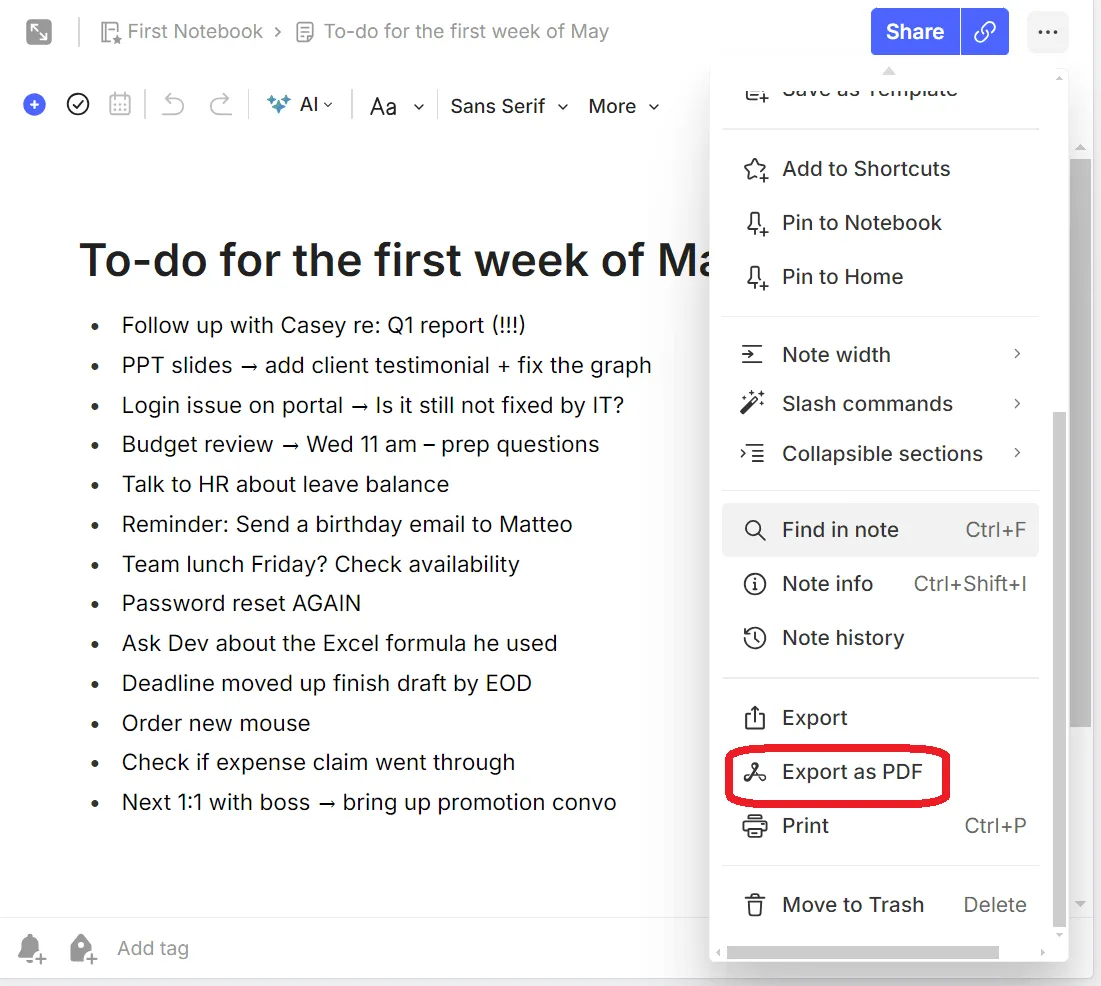 Menu Fichier Evernote Option Exporter au format PDF