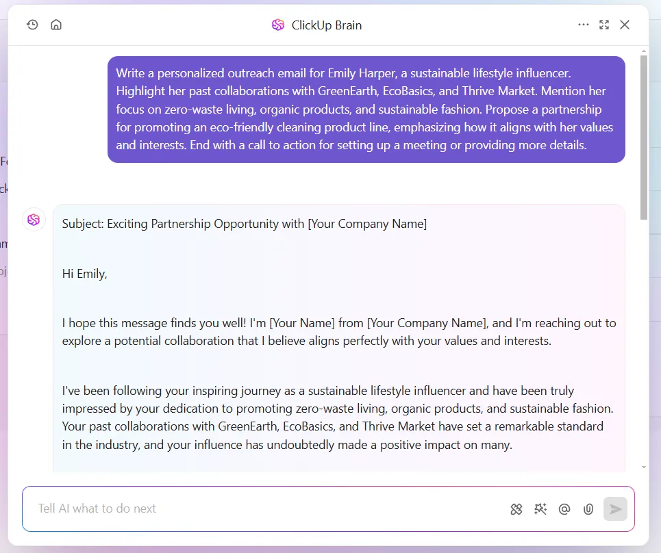 ClickUp Brain: KI-Assistent innerhalb der Influencer-Marketing-Software