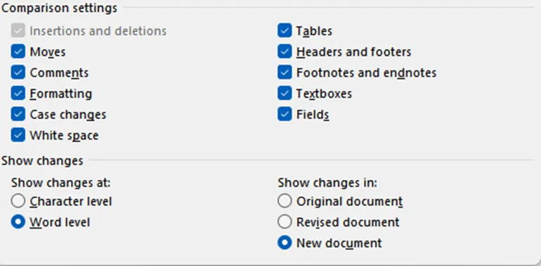 Configura le impostazioni di confronto: come confrontare due documenti Word