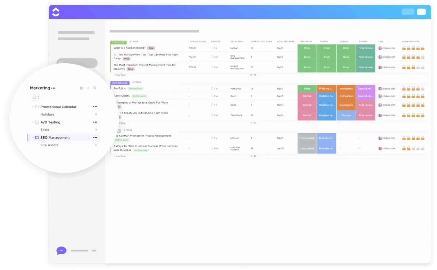 Modèle de recherche et de gestion SEO de ClickUp