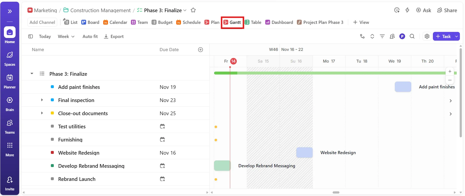 Chế độ xem Biểu đồ Gantt của ClickUp - Sổ tay Phát hành Sản phẩm