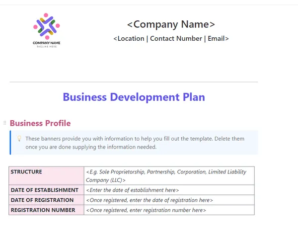 Modelo de plano de desenvolvimento de negócios da ClickUp