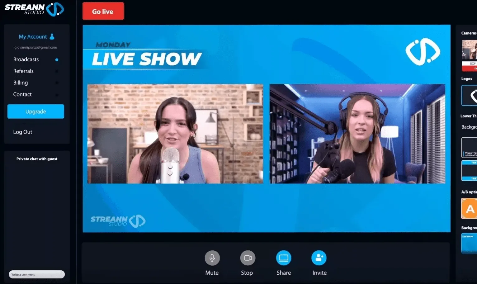 Exemplo de compilação de dois feeds de vídeo no Streann Studio
