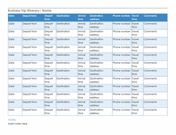Modelo de itinerário de viagem de negócios do Microsoft Word