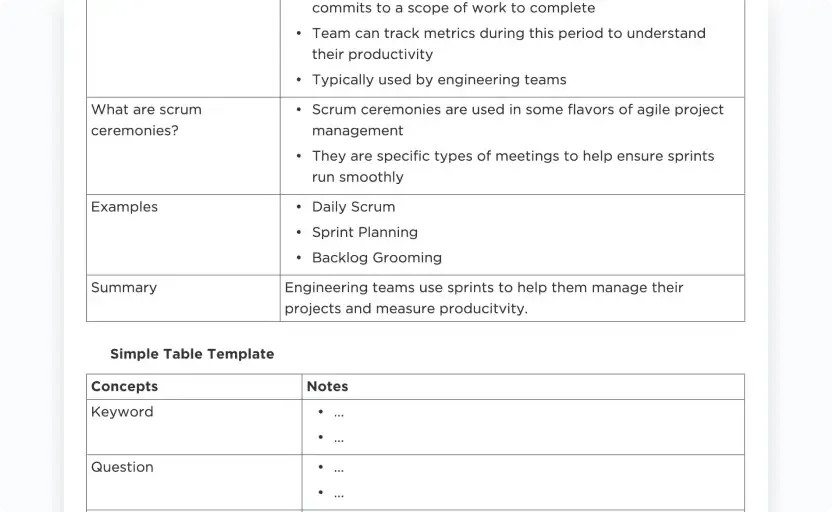 Le modèle Cornell Notes de ClickUp vous aide à organiser et à annoter vos notes de manière efficace.