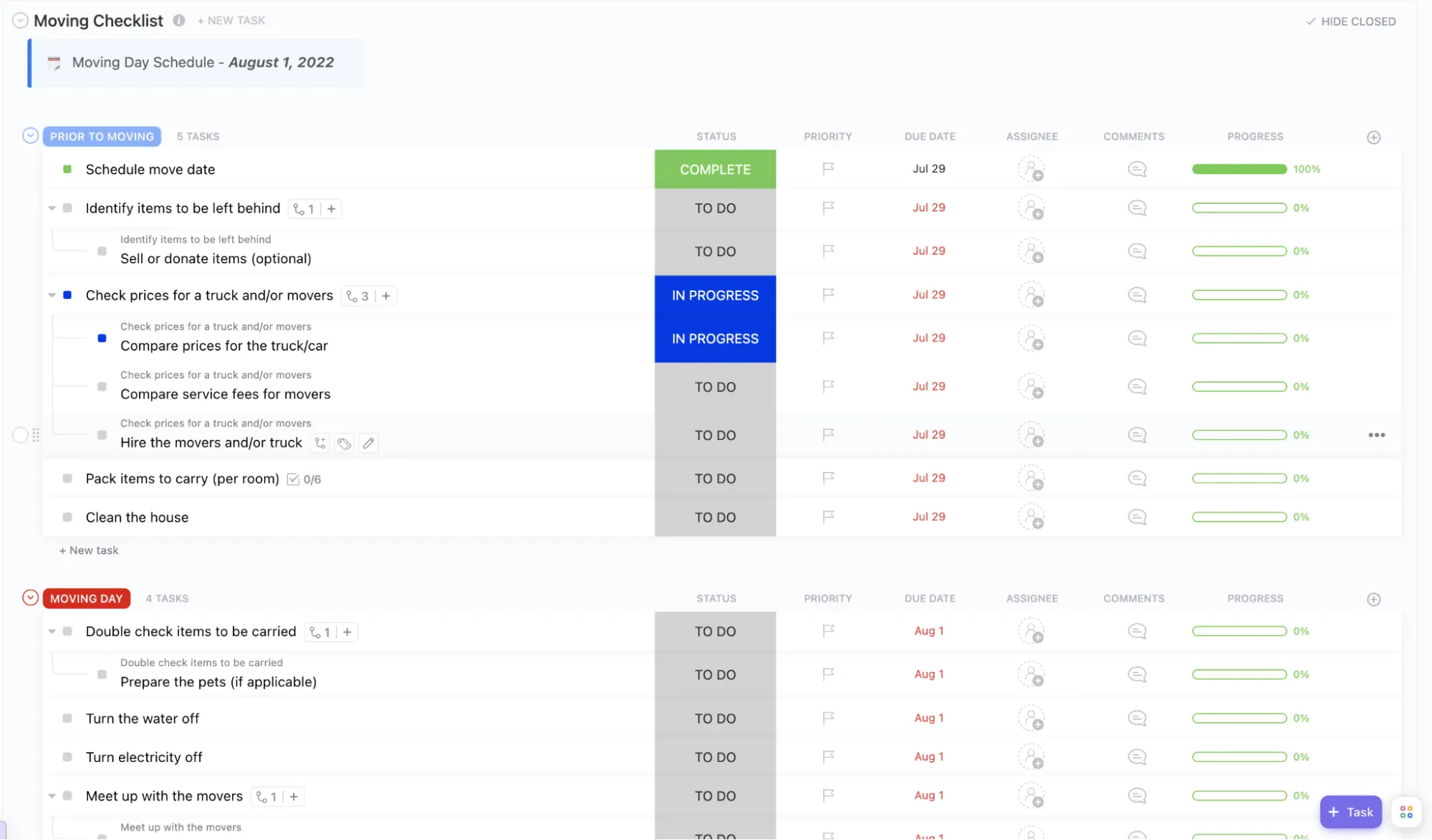Modello di lista di controllo per traslochi ClickUp