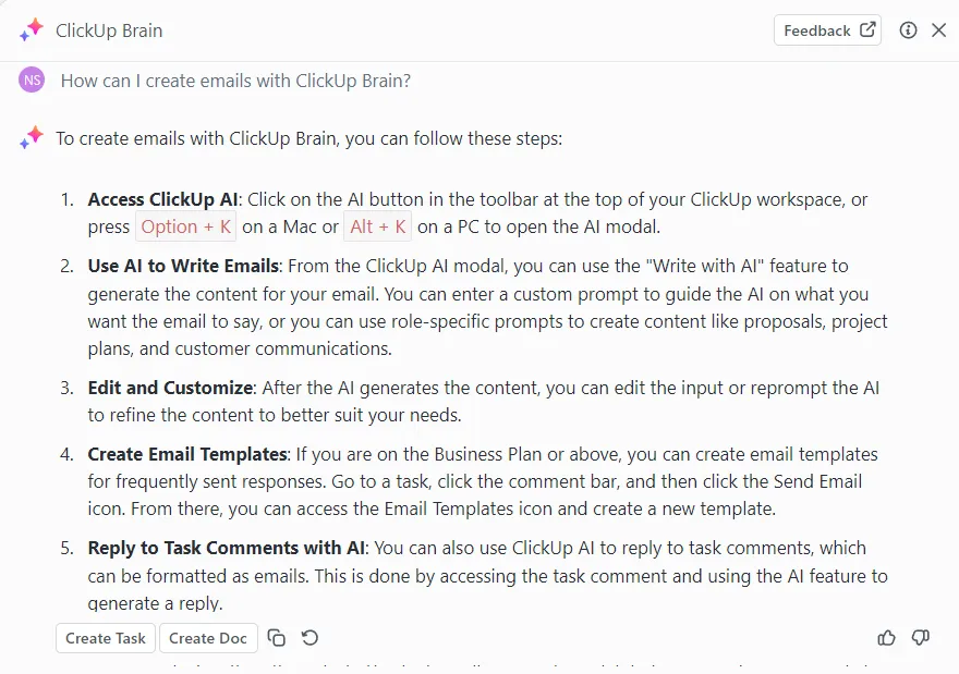 Rédiger des e-mails à l'aide de ClickUp Brain