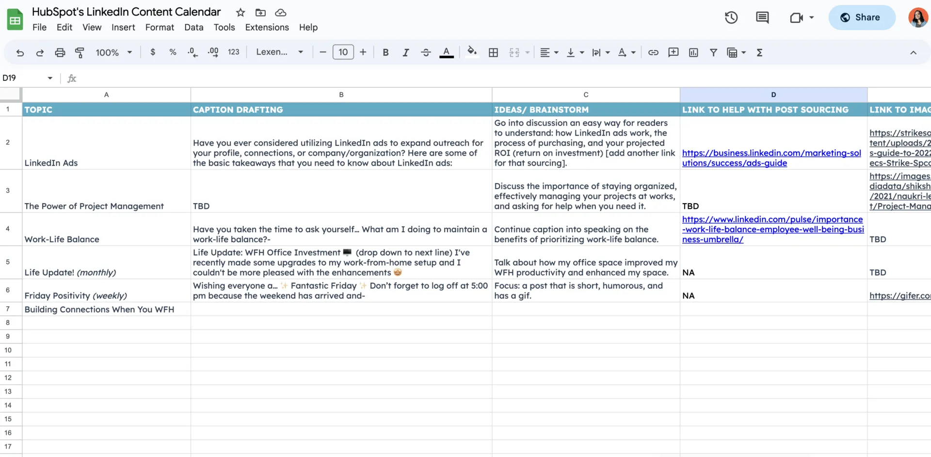 Modèle de calendrier de contenu LinkedIn par HubSpot