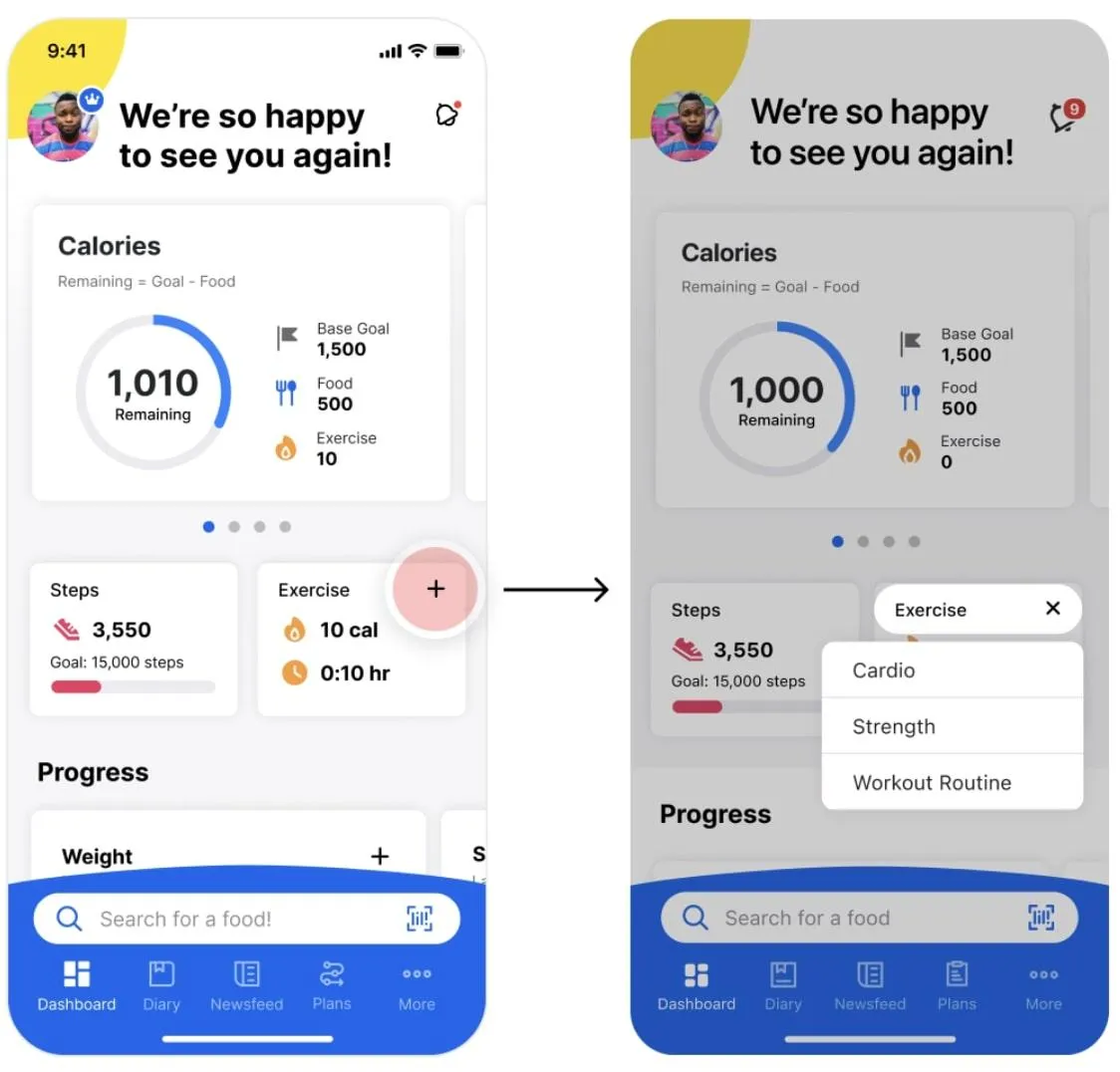 Seguimiento de alimentos, calorías y ejercicio en la vista móvil de MyFitnessPal.