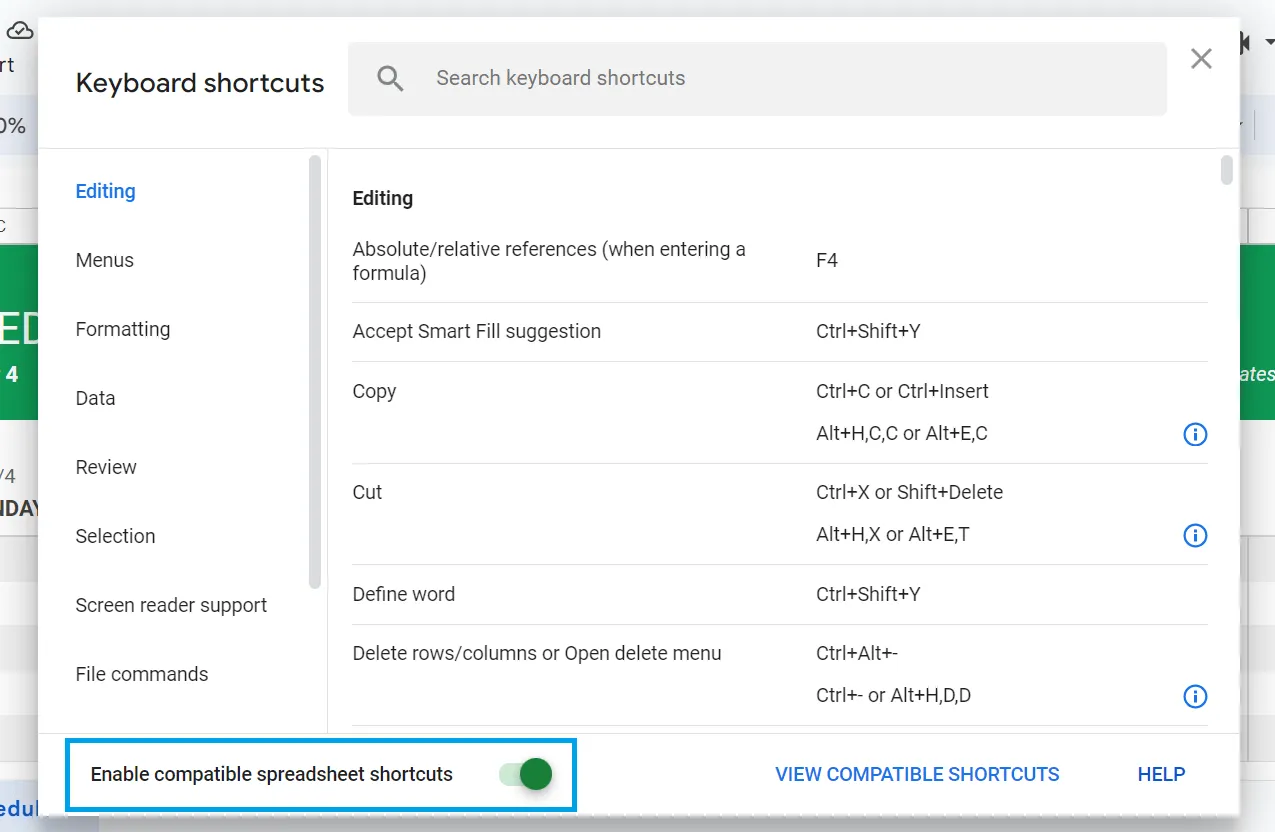 ปุ่มลัดสเปรดชีตที่ใช้งานร่วมกันได้ใน Google Sheets