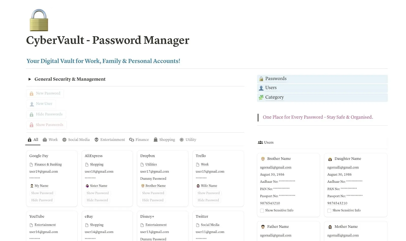Modello Notion per la gestione delle conoscenze personali: gestisci e effettua il monitoraggio sicuro di password e informazioni sensibili