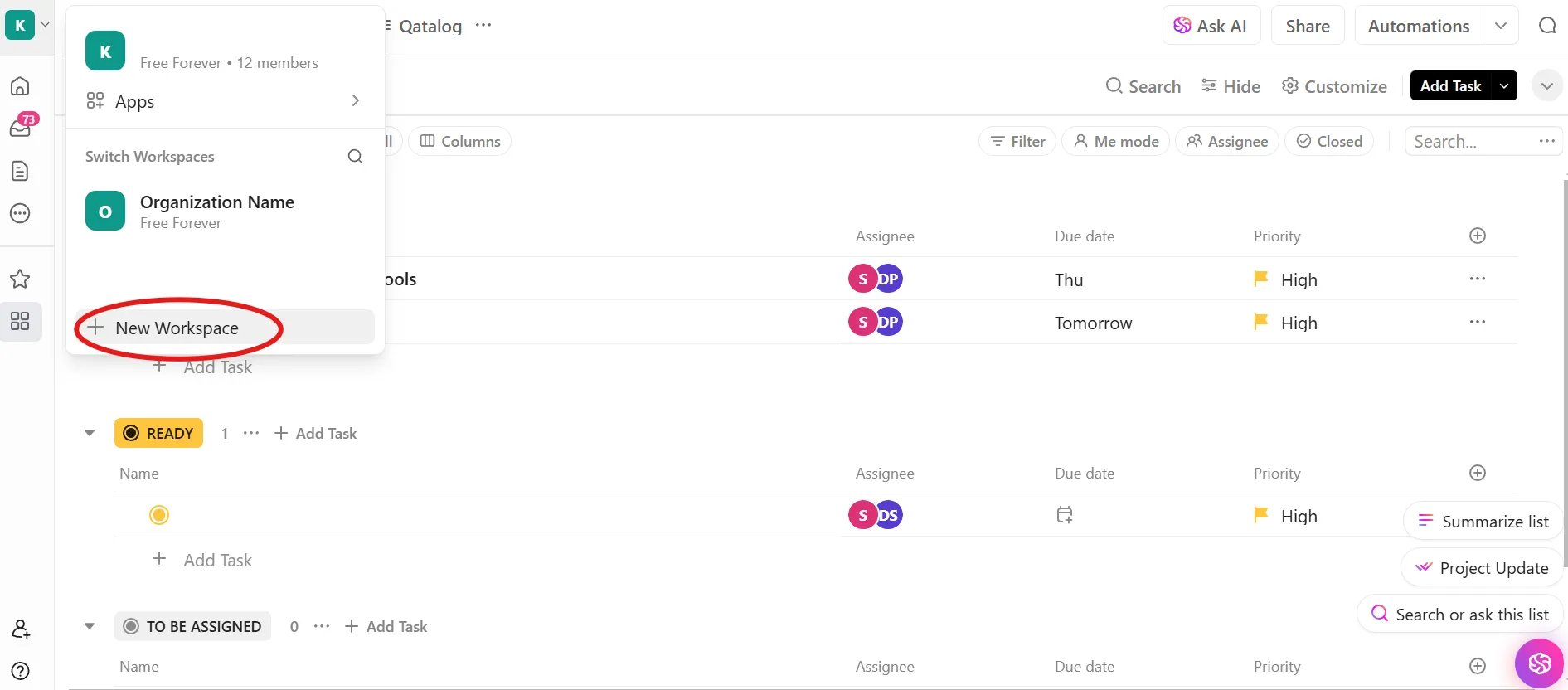 Crie um espaço de trabalho no ClickUp e preencha-o com tarefas, metas e ferramentas de visualização bem segmentadas.