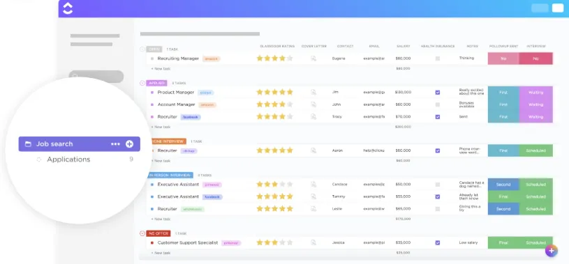 قالب ClickUp للبحث عن وظيفة؛ قوالب مستندات التباهي