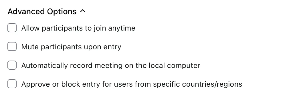 Opciones avanzadas para programar una reunión de Zoom utilizando el cliente de Zoom.