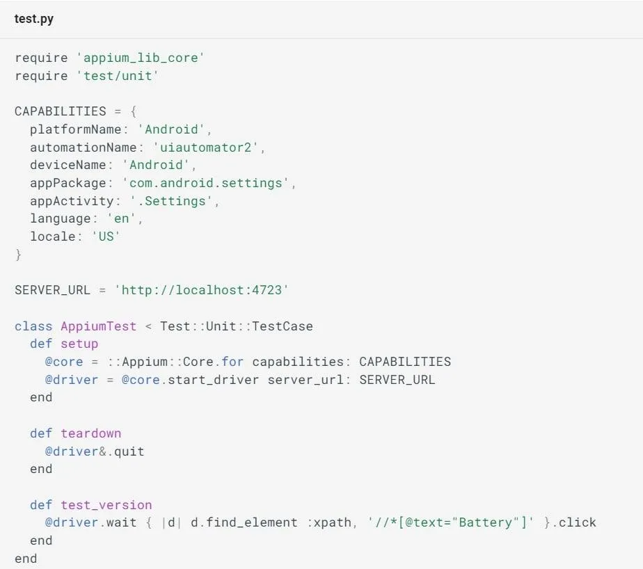 Capture d'écran d'un code dans Appium