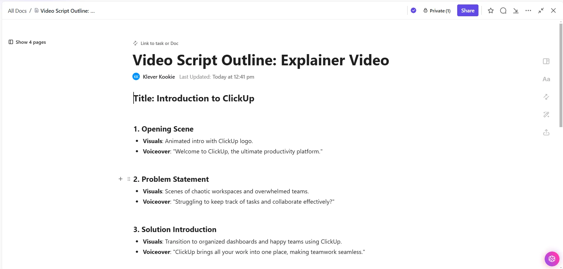 ClickUp Docs: crea un modello di copione video gratis personalizzato