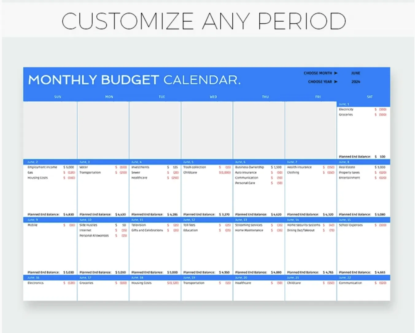 1.  Månadskalendermall för budget i Google Sheets från GooDocs