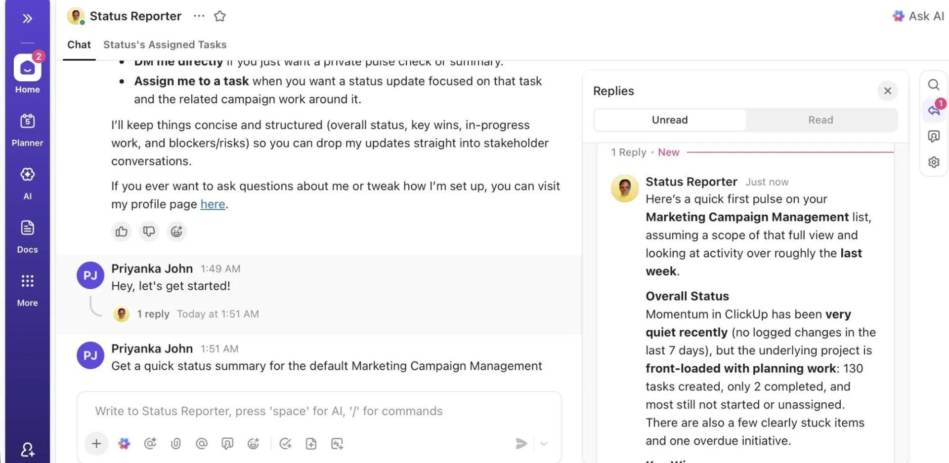 Status Reporter: Super Agent che effettua il monitoraggio di attività ben definite con una logica di riflessione semplice tramite regole di azione condizionate.