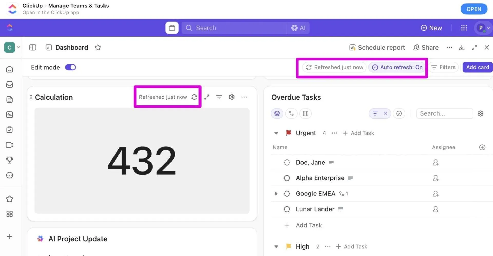 Painéis do ClickUp: receba atualizações em tempo real em um único painel para facilitar o monitoramento
