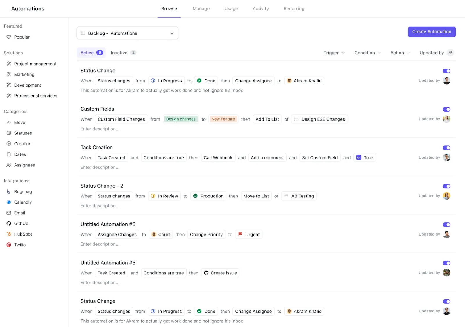 Atur pemicu untuk menyederhanakan pengelolaan tugas menggunakan ClickUp Automations