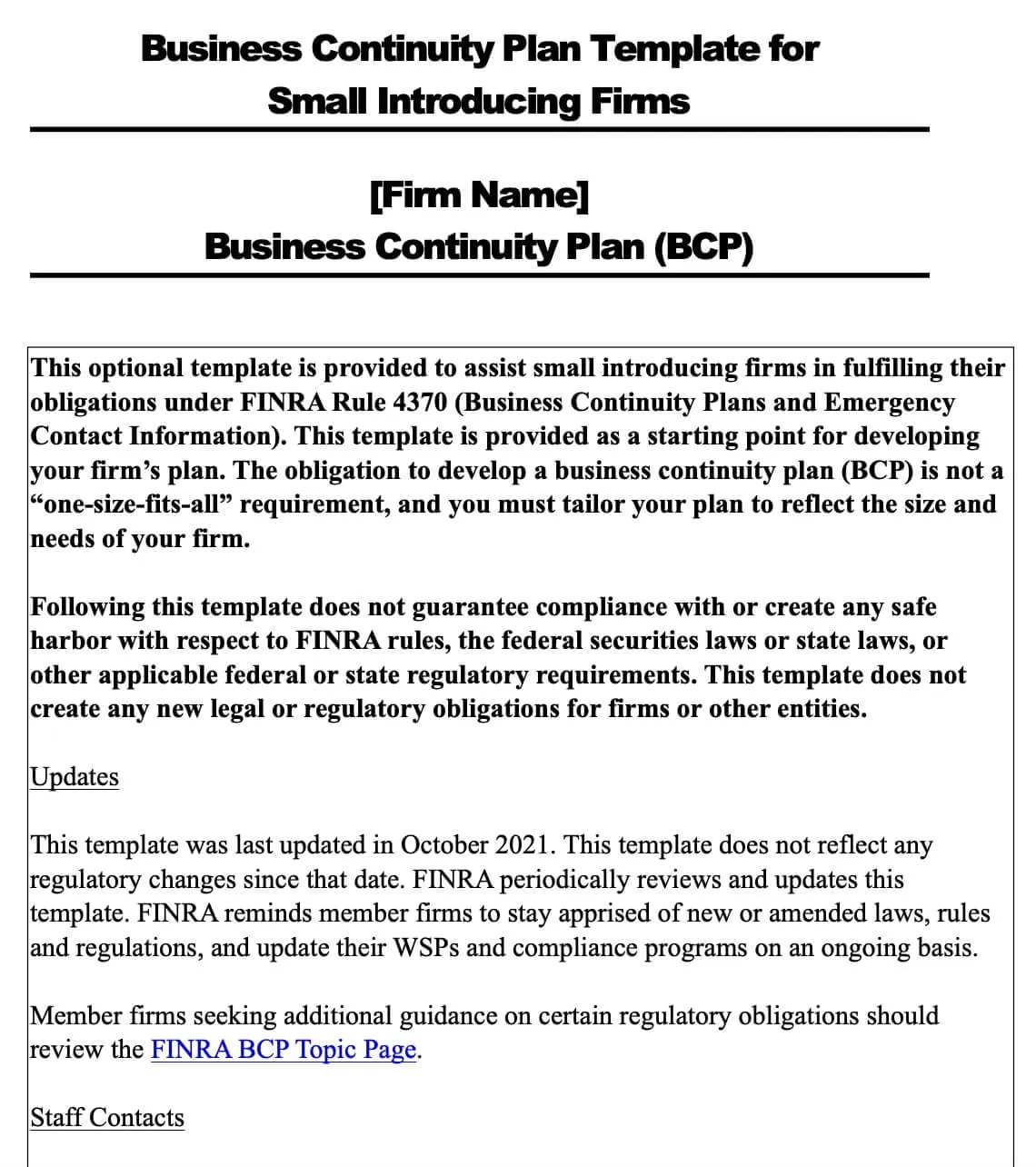 Plantilla de plan de continuidad del negocio para pequeñas empresas de FINRA.org