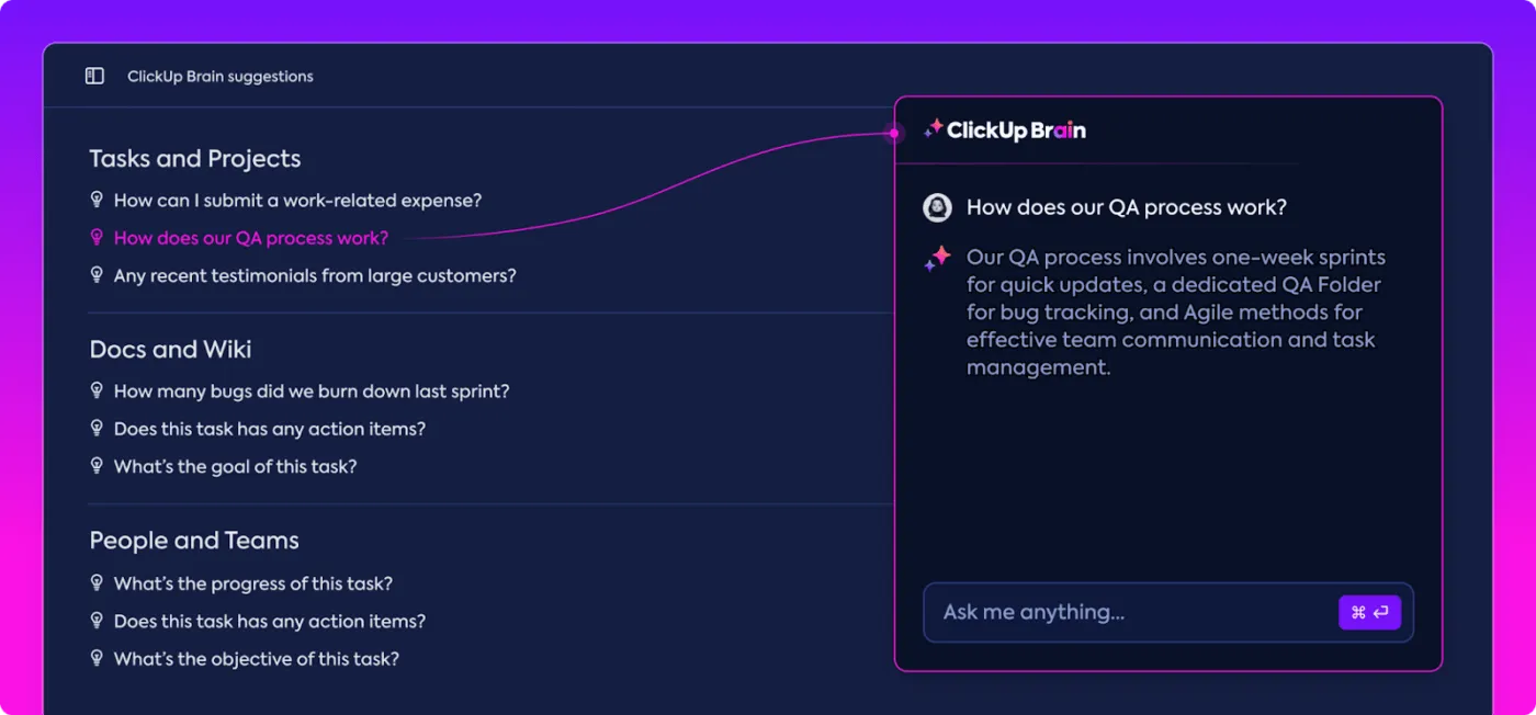 Choisissez parmi plus de 100 fonctionnalités d'IA pour rationaliser tout type de travail à l'aide de ClickUp Brain.