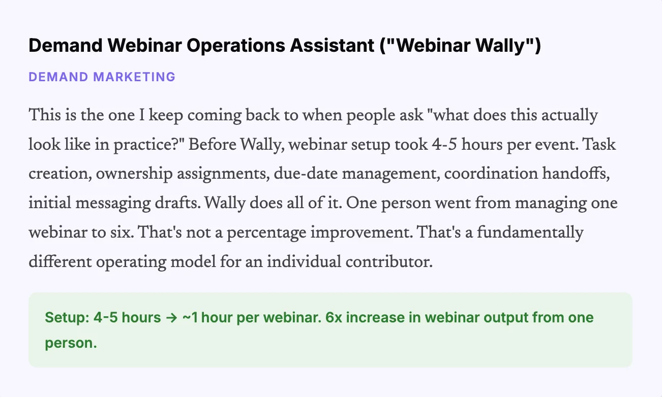 Webinar Wally mengotomatiskan pengaturan tugas, penentuan tanggung jawab, serah terima, dan komunikasi, sehingga waktu persiapan webinar berkurang dari 4 hingga 5 jam menjadi sekitar 1 jam, serta memungkinkan satu orang untuk mengelola enam webinar alih-alih hanya satu.