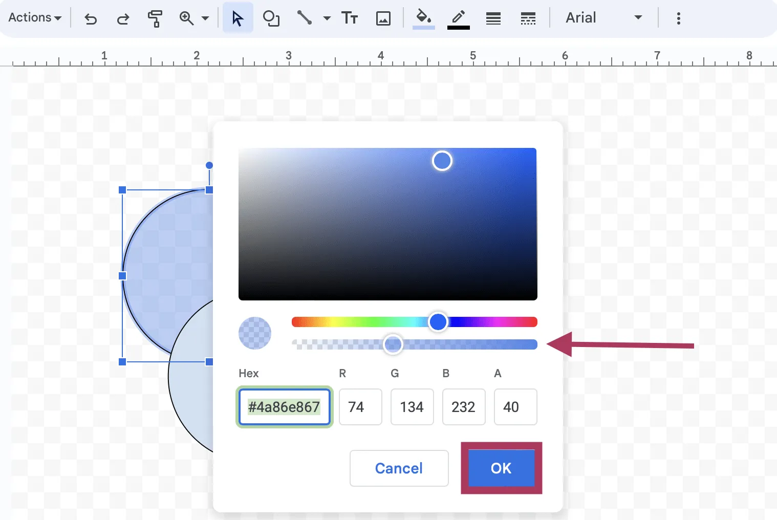 การปรับระดับความโปร่งใสของรูปทรงสีใน Google Docs