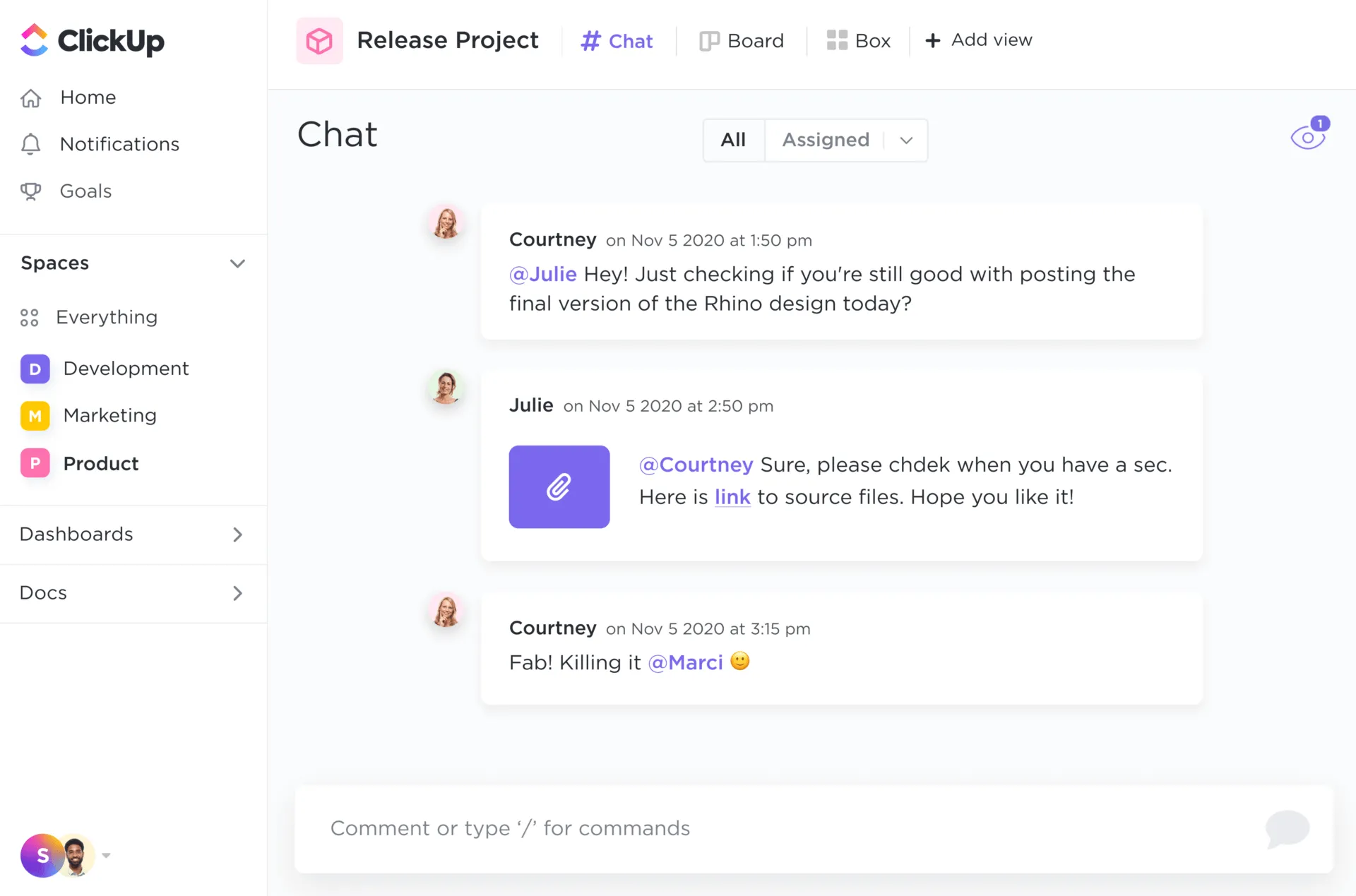 A visualização do chat armazena todos os seus comentários no ClickUp.