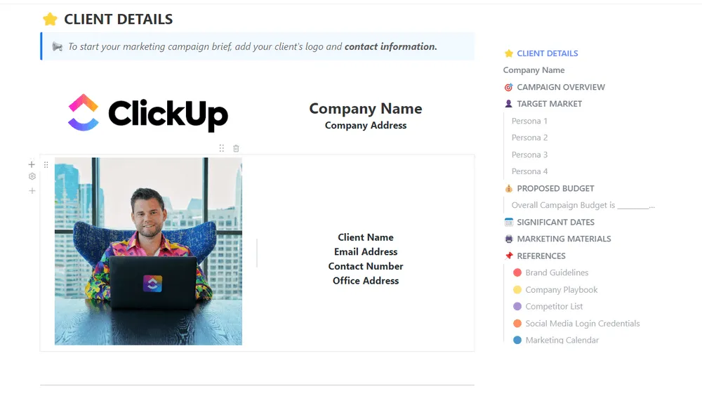 Plantilla de resumen de campaña de marketing de ClickUp
